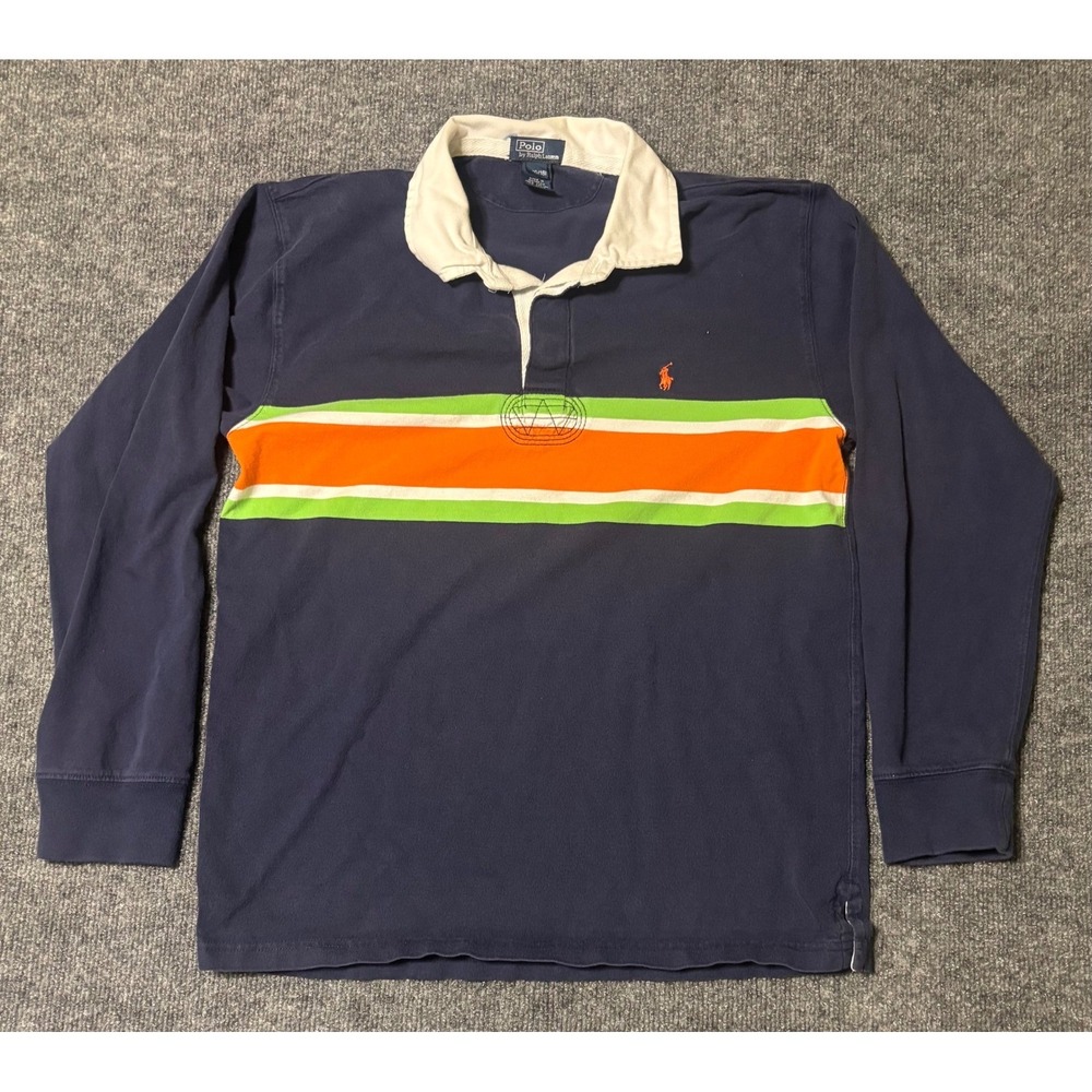 Kids Polo Ralph Lauren‎ Rugby Shirt L 16 18 Navy Orange Green Stripe Long Sleeve
